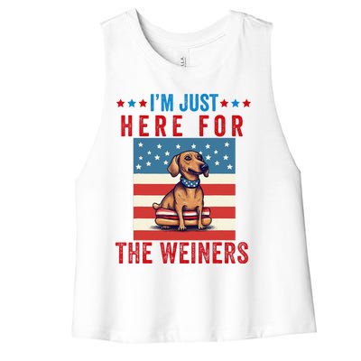 Im Just Here For Weiners Funny 4th July Hot Dog Sausage Women's Racerback Cropped Tank