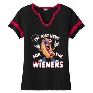 IM Just Here For The Weiners 4th Of July Patriotic Ladies Halftime Notch Neck Tee