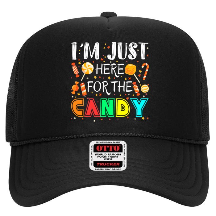 IM Just Here For The Candy Funny Halloween Or Xmas High Crown Mesh Back Trucker Hat