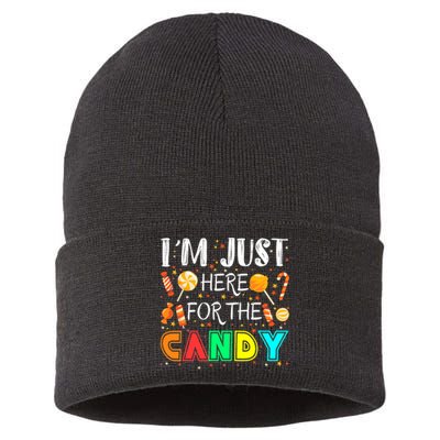 IM Just Here For The Candy Funny Halloween Or Xmas Sustainable Knit Beanie