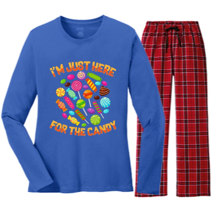 Im Just Here For The Candy Funny Halloween Pun Women's Long Sleeve Flannel Pajama Set 