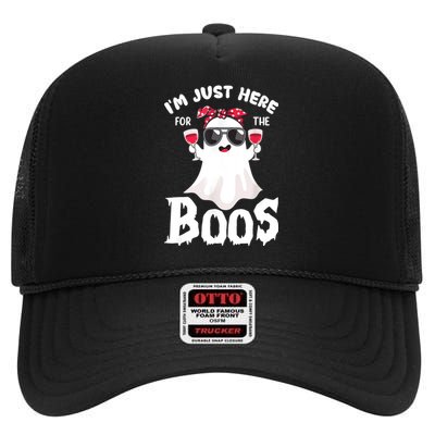 Im Just Here For The Boos Cute Ghost Funny Halloween High Crown Mesh Back Trucker Hat