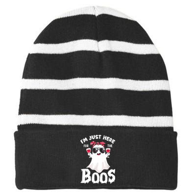 Im Just Here For The Boos Cute Ghost Funny Halloween Striped Beanie with Solid Band