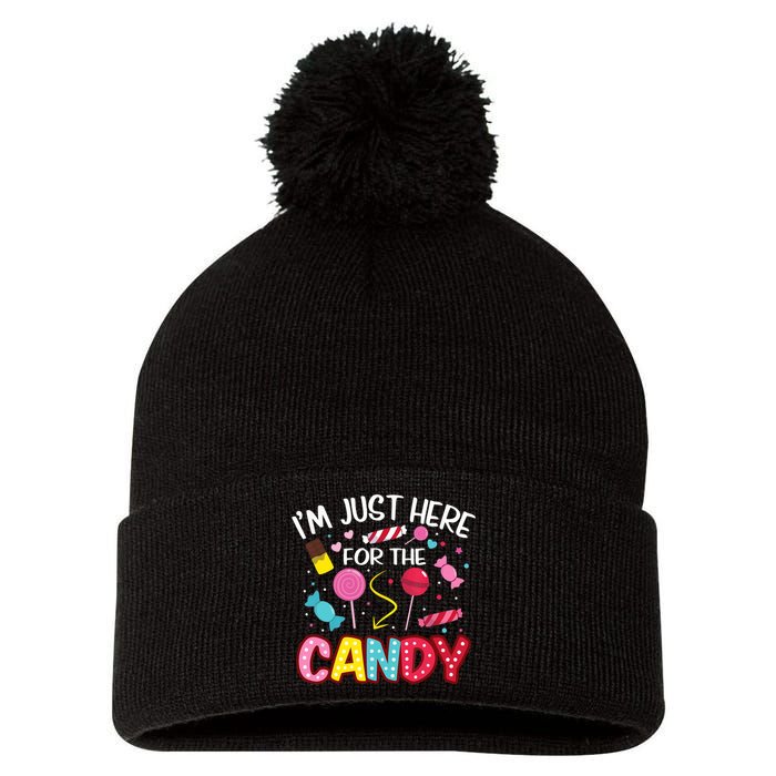 I'm Just Here For The Candy Halloween Cute Lollipop Sweets Pom Pom 12in Knit Beanie