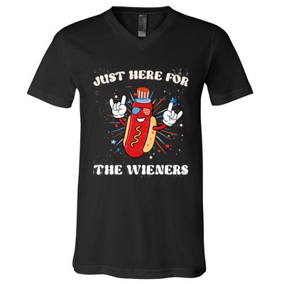 Im Just Here For The Wieners Hot Dog 4th Of July USA Flag V-Neck T-Shirt