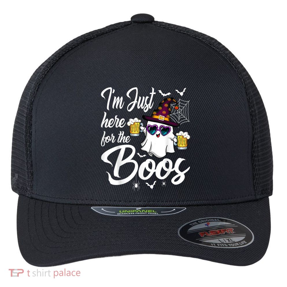 Im Just Here For The Boos Beer Halloween Boo Ghost Flexfit Unipanel Trucker Cap