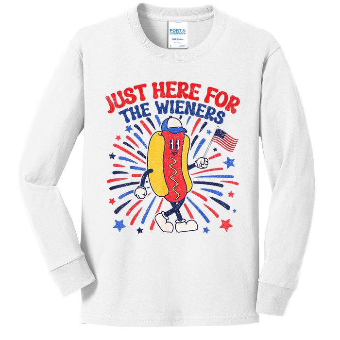 IM Just Here For The Wieners 4th Of July Funny Hot Dog Kids Long Sleeve Shirt