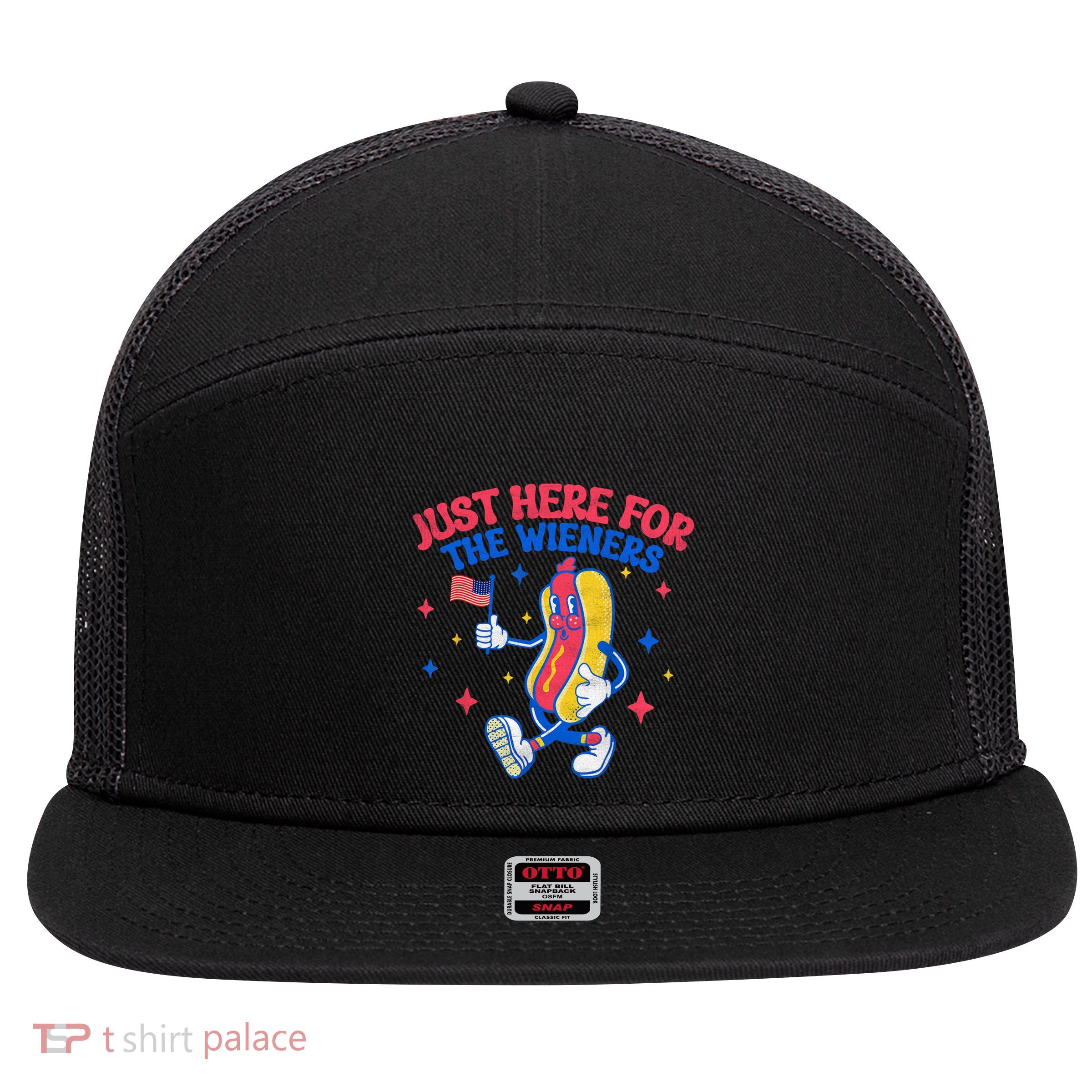 IM Just Here For The Wieners 4th Of July Hot Dog Gift 7 Panel Mesh Trucker Snapback Hat