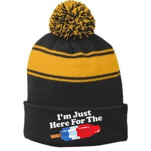 Im Just Here For The Popsicle Funny Bomb Retro 80s Pop Gift Stripe Pom Pom Beanie