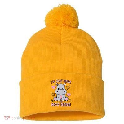 IM Just Here For Moo Deng Pom Pom 12in Knit Beanie
