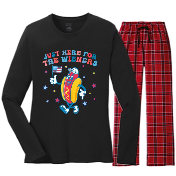 Im Just Here For The Wieners Funny 4th Of July Boy Girl Women's Long Sleeve Flannel Pajama Set 