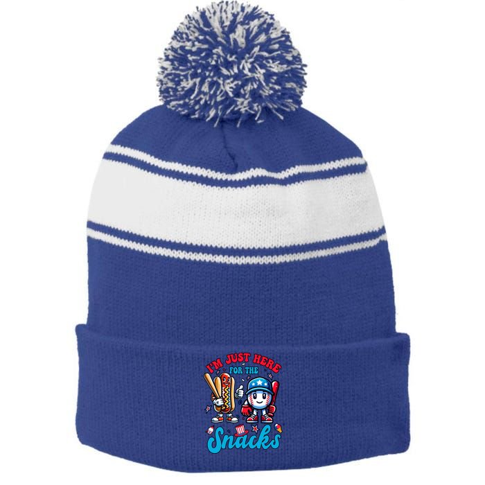 IM Just Here For The Snacks Baseball Lovers 4th Of July Gift Stripe Pom Pom Beanie