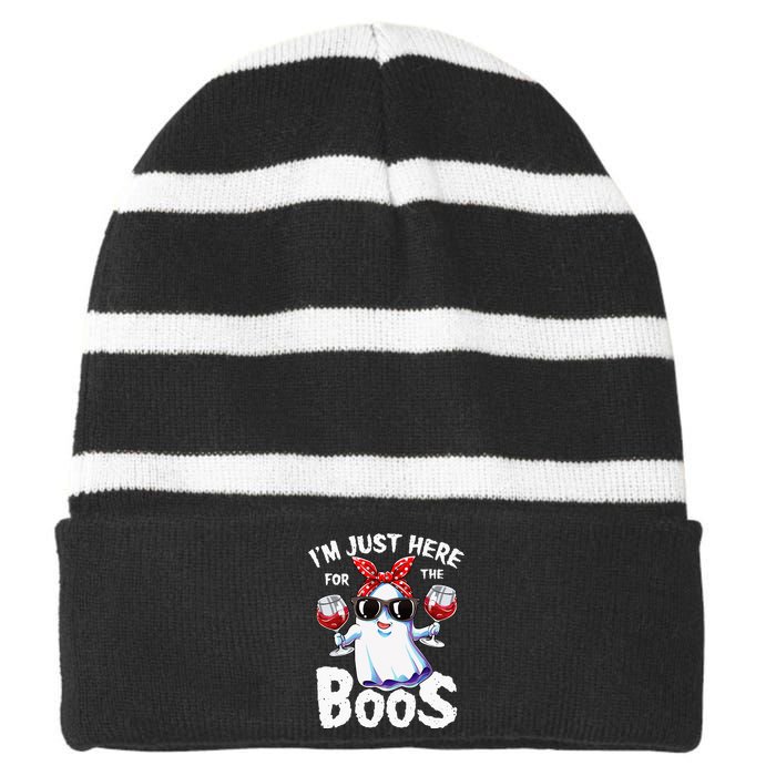 Im Just Here For The Boos Halloween Women Ghost Cute Funny Striped Beanie with Solid Band