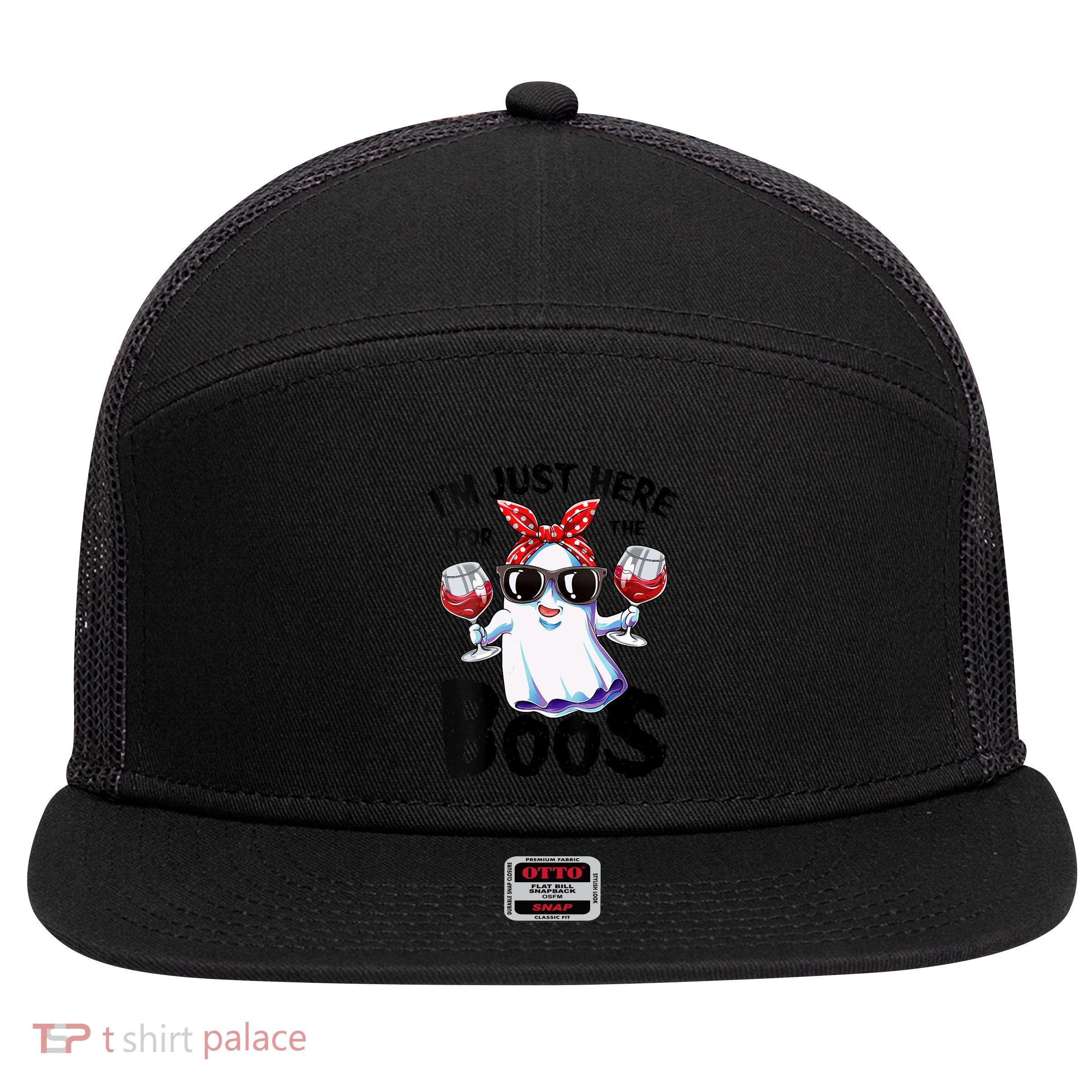 IM Just Here For The Boos Funny Halloween Ghost Cute Women 7 Panel Mesh Trucker Snapback Hat