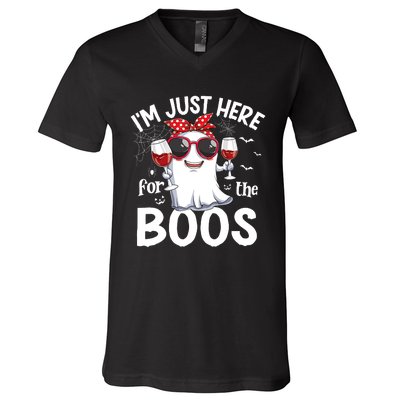 Im Just Here For The Boos Funny Halloween Ghost Wine V-Neck T-Shirt