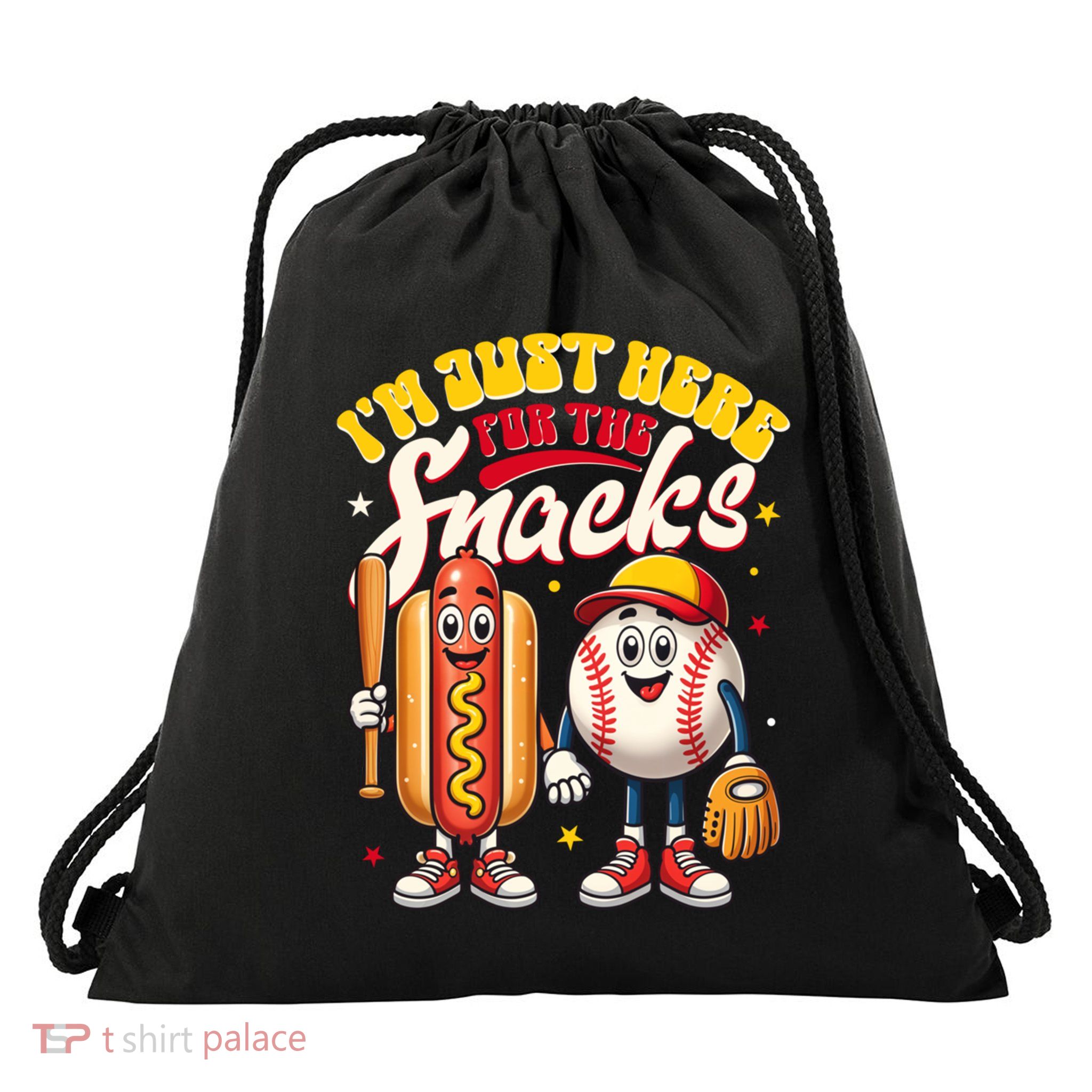 IM Just Here For The Snacks Groovy Baseball Hotdog Lover Gift Drawstring Bag