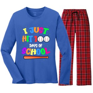 I Just Hit 100 Days Of School Baseball 100th Day Meaningful Gift Women's Long Sleeve Flannel Pajama Set 