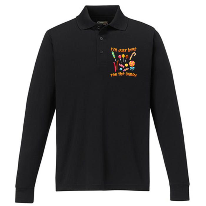 IM Just Here For The Candy Funny Halloween Costume Performance Long Sleeve Polo