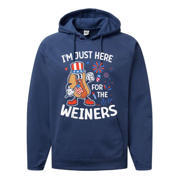 IM Just Here For The Weiners Funny Usa 4th Of July Performance Fleece Hoodie