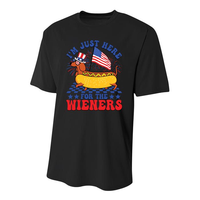 Im Just Here For Wieners Dachshund Dog Hotdog 4th Of July Youth Performance Sprint T-Shirt