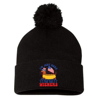 Im Just Here For Wieners Dachshund Dog Hotdog 4th Of July Pom Pom 12in Knit Beanie