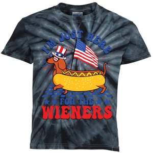 Im Just Here For Wieners Dachshund Dog Hotdog 4th Of July Kids Tie-Dye T-Shirt