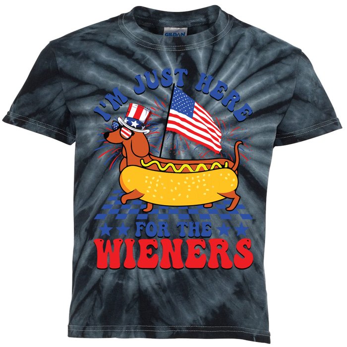 Im Just Here For Wieners Dachshund Dog Hotdog 4th Of July Kids Tie-Dye T-Shirt