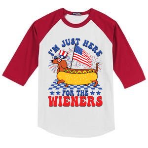 Im Just Here For Wieners Dachshund Dog Hotdog 4th Of July Kids Colorblock Raglan Jersey