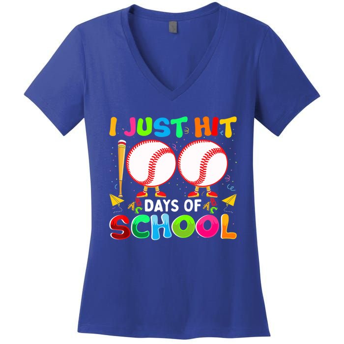 I Just Hit 100 Days Of School Baseball 100th Day Meaningful Gift Women's V-Neck T-Shirt