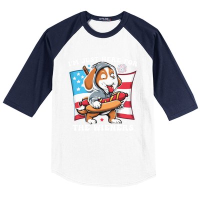 IM Just Here For The Wieners Funny 4th Of July Hot Dog Gift Baseball Sleeve Shirt