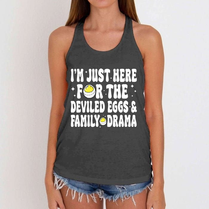 IM Just Here For The Deviled Eggs And Family Drama Funny Thanksgiving Women's Knotted Racerback Tank