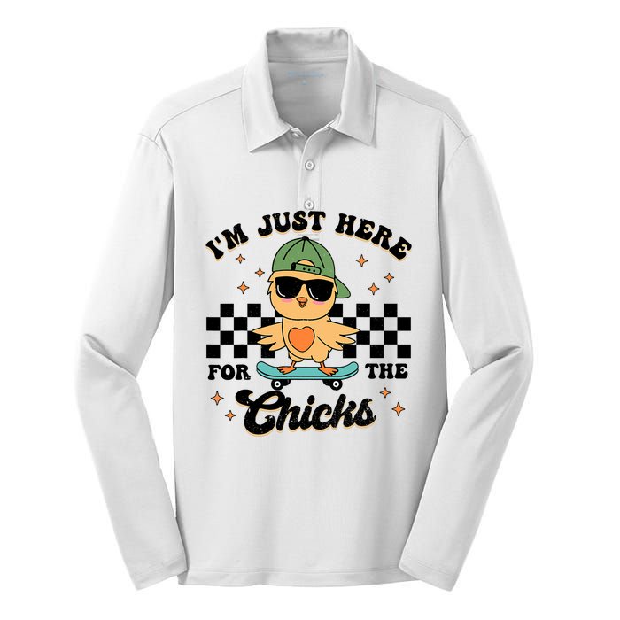 Im Just Here For The Chicks Cute Easter Silk Touch Performance Long Sleeve Polo