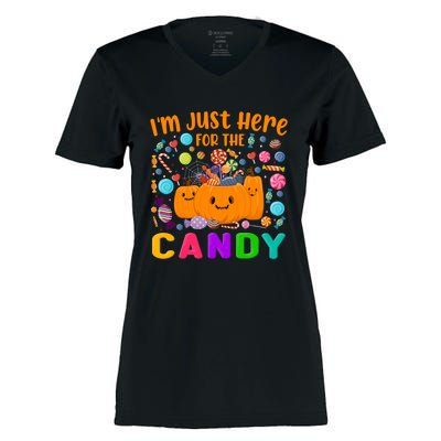 IM Just Here For The Candy Funny Halloween Candy Party Women's Momentum V-Neck T-Shirt