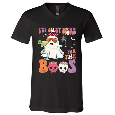 IM Just Here For The Boos Ghost Halloween Margarita Groovy V-Neck T-Shirt