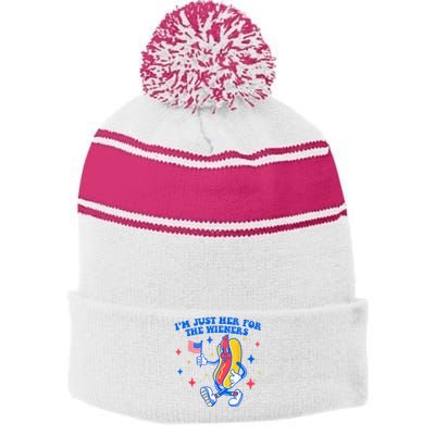 I'm Just Here For The Wieners Funny Fourth of July Stripe Pom Pom Beanie