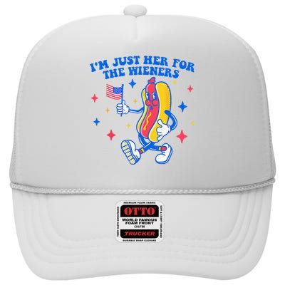 I'm Just Here For The Wieners Funny Fourth of July High Crown Mesh Back Trucker Hat