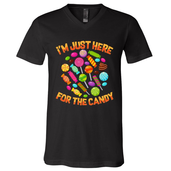 Im Just Here For The Candy Funny Halloween Pun V-Neck T-Shirt