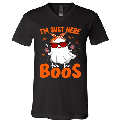 Im Just Here For The Boos Funny Halloween Wo Ghost Wine V-Neck T-Shirt