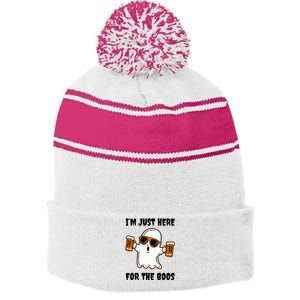 Im Just Here For The Boos Funny Halloween Beer Lovers Drink Stripe Pom Pom Beanie