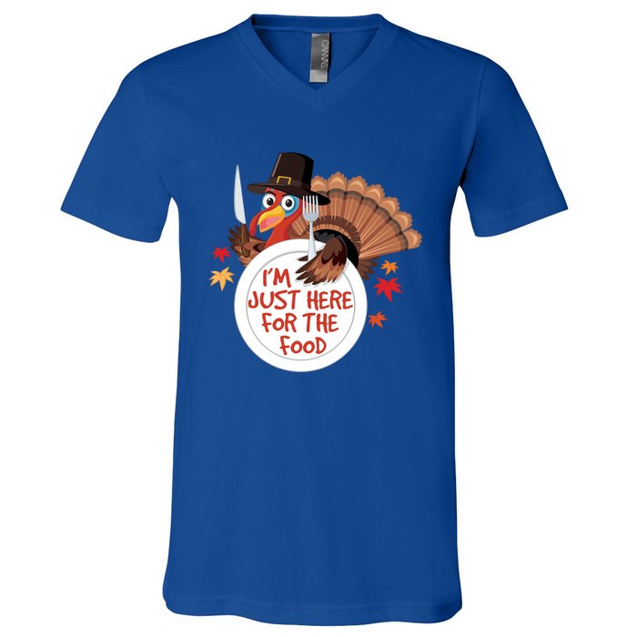 Im Just Here For The Food Funny Thanksgiving Turkey Pilgrim Gift V-Neck T-Shirt