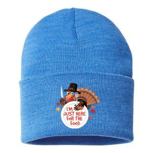 Im Just Here For The Food Funny Thanksgiving Turkey Pilgrim Gift Sustainable Knit Beanie