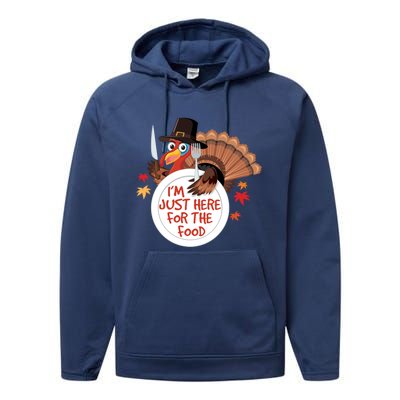 Im Just Here For The Food Funny Thanksgiving Turkey Pilgrim Gift Performance Fleece Hoodie