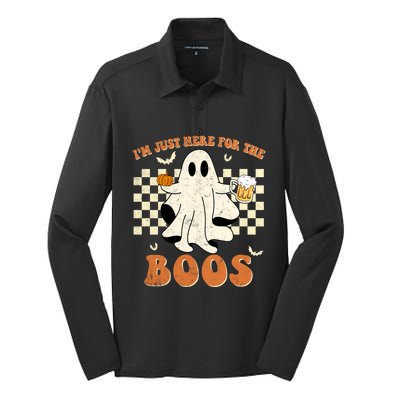 Im Just Here For The Boos Ghost Retro Groovy Halloween Gift Silk Touch Performance Long Sleeve Polo