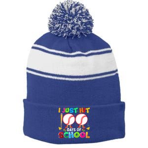 I Just Hit 100 Days Of School Baseball 100th Day Gift Stripe Pom Pom Beanie