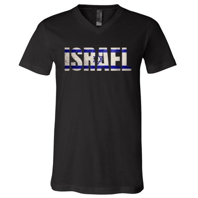 Israel Jewish Israeli Flag Star Of David Pride Vintage Retro V-Neck T-Shirt