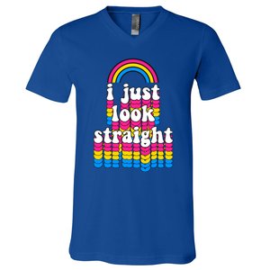 I Just Look Straight Pansexual Pride Flag Gift V-Neck T-Shirt