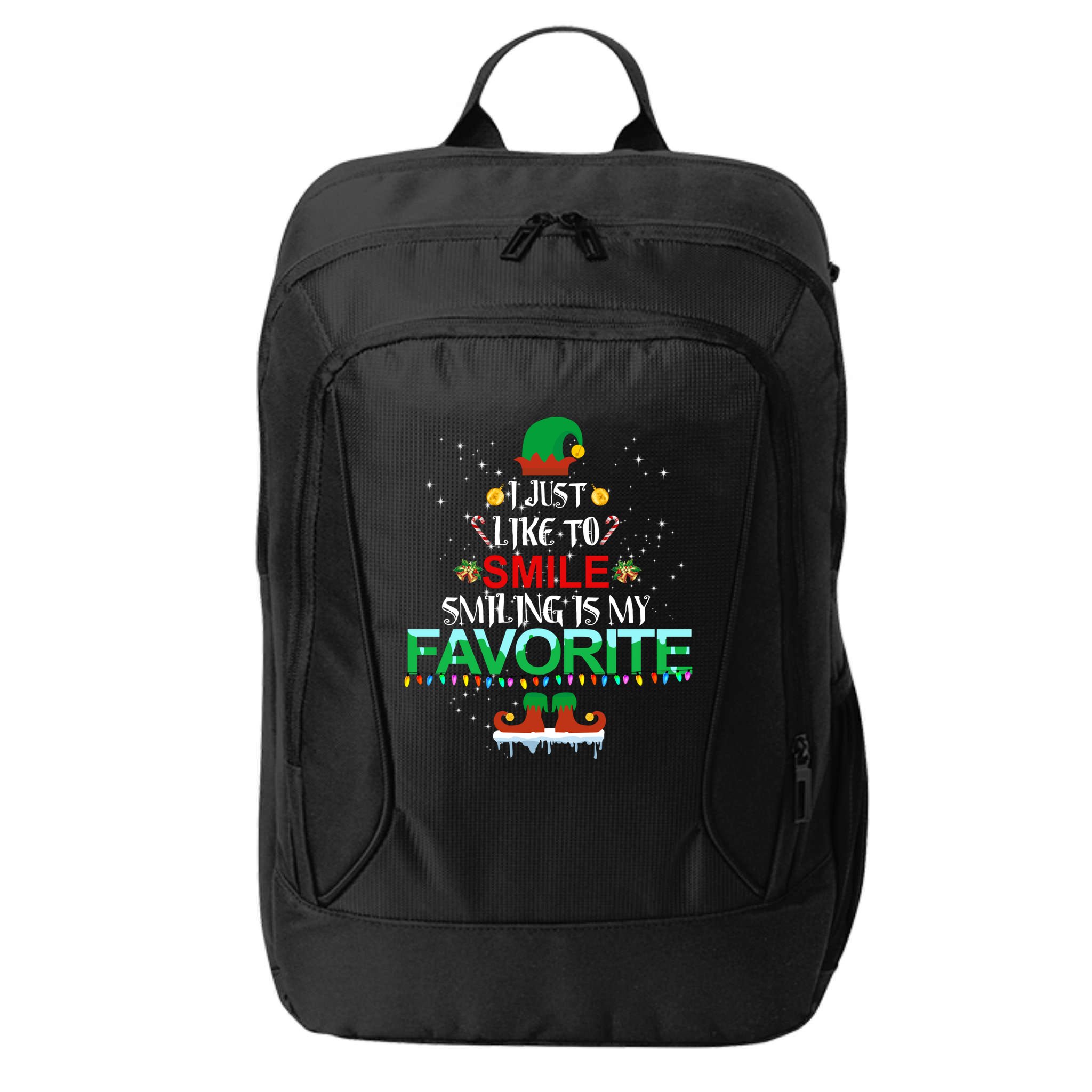 I Just Like To Smile Smiling Is My Favorite Elf Christmas Cool Gift City Backpack