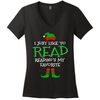 I Just Like To Read Reading Elf Book Love Christmas Gifts Women's V-Neck T-Shirt