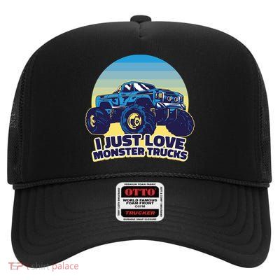 I Just Love Monster Trucks Retro Sunset High Crown Mesh Back Trucker Hat