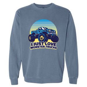 I Just Love Monster Trucks Retro Sunset Garment-Dyed Sweatshirt